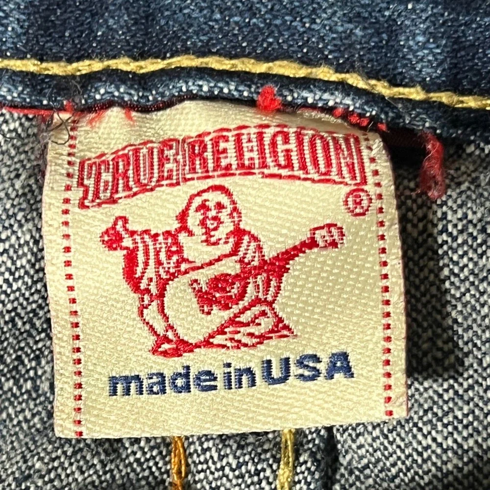 True Religion Billy Super T Dark Wash Straight Leg Jeans Men 34x33 Yellow Stitch